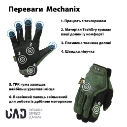 Перчатки тактические полнопалые M-PACT сенсорные Mechanix Олива Учебный турникет